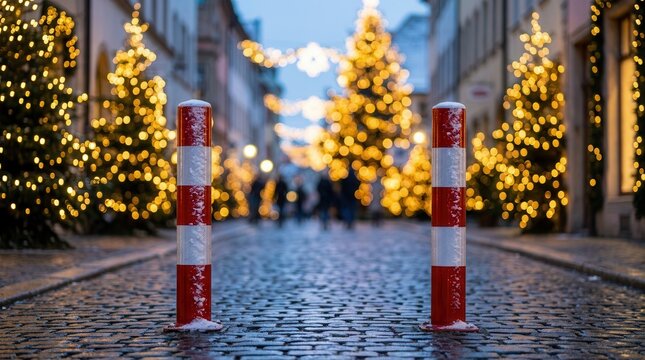 Festive street with car barriers for pedestrian safety during the holiday season.