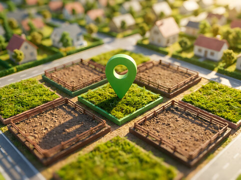 Miniature model of garden plots with green location pin marker