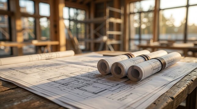 Architectural blueprints and tools symbolizing the planning stage of housing construction.