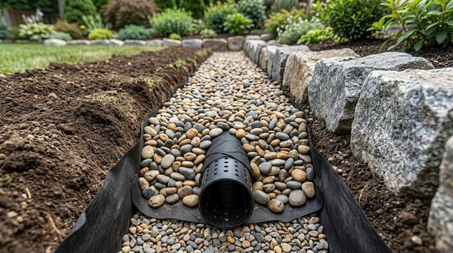 A gravel-filled trench featuring landscape fabric and a perforated pipe for efficient drainage.