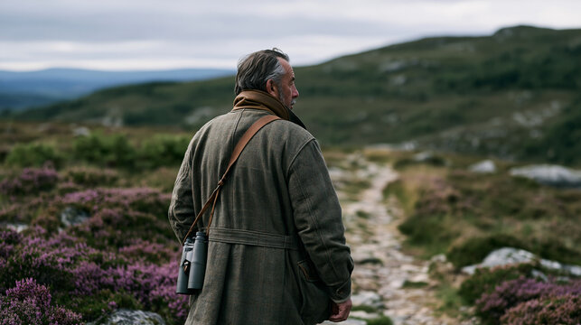 Scottish highland gamekeeper walking a moorland trail carrying a spotting scope, estate wildlife management, rural conservation, land stewardship, professional outdoors