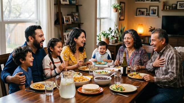 Multi generational Hispanic family laughing and enjoying a festive meal together at home celebrating heritage