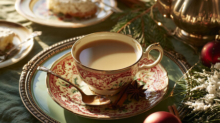 Fototapeta premium Cozy Christmas morning tea with chai spices, warm milky beverage on festive holiday table with cake and ornaments