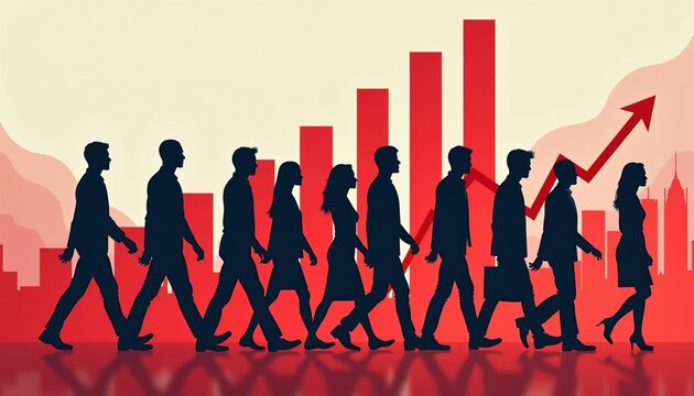Silhouettes of pro men, women walk against background of rising red bar charts, upward stock market arrows. Concept shows impact of demographic changes on economic growth, investment opportunities.