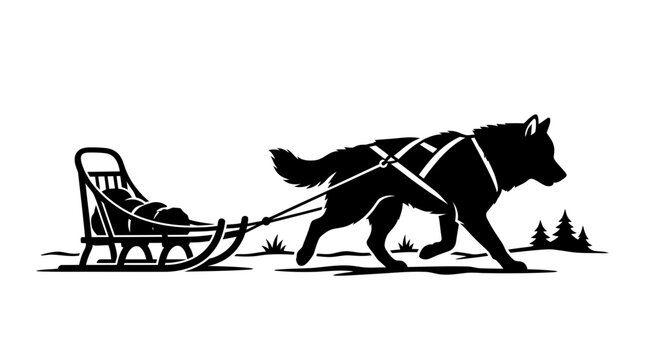 Dog pulling sled in winter silhouette. Black husky team hauling snow transport at dusk.