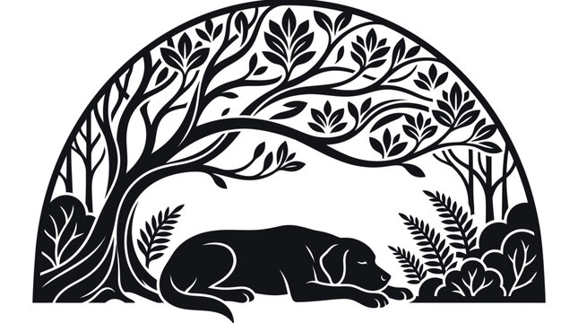 Black dog sleeping under large tree with roots and leaves. Peaceful pet resting outdoors in nature illustration with foliage.