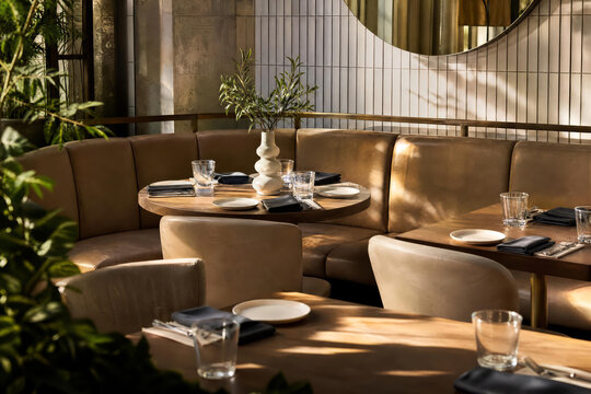 Mirrored Lounge Table With Layered Restaurant Depth And Contemporary Cafe Dining