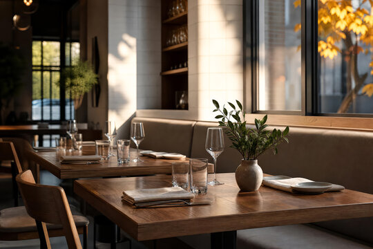 Contemporary Cafe Dining Dawn Window Corner With Gold Reflections And Greenery
