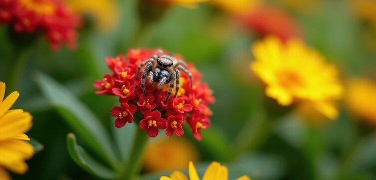 Macro shot tiny spider sits on small red flower clusters. Blurred yellow flowers and green leaves background. Insect macro detail. Small nature life.