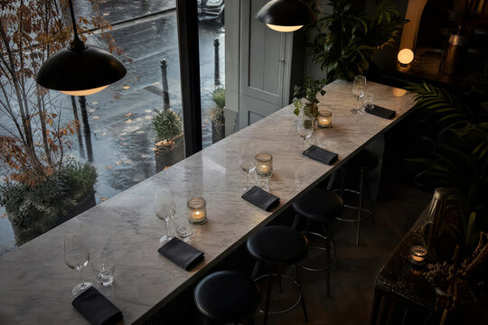 Bright Commercial Rainy City Cafe With Natural Restaurant Colors