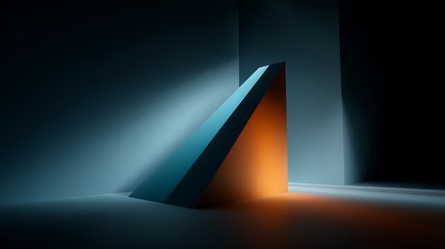 3D abstract geometric triangle shape illuminated by glowing cyan and orange neon lights in a dark empty room background.