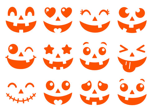 Orange jack o lantern faces collection playful halloween pumpkin expressions vector illustration on white background