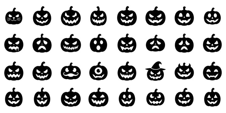Black Silhouette Halloween Jack o Lanterns and Witch Hat on a White Background for Festive Designs