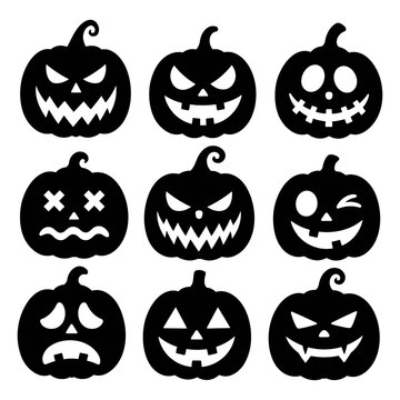 Black pumpkin silhouettes with various spooky faces on a white background perfect for halloween designs