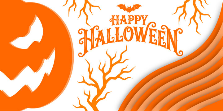 Festive halloween illustration with jackolantern bat and layered paper branches on a white background