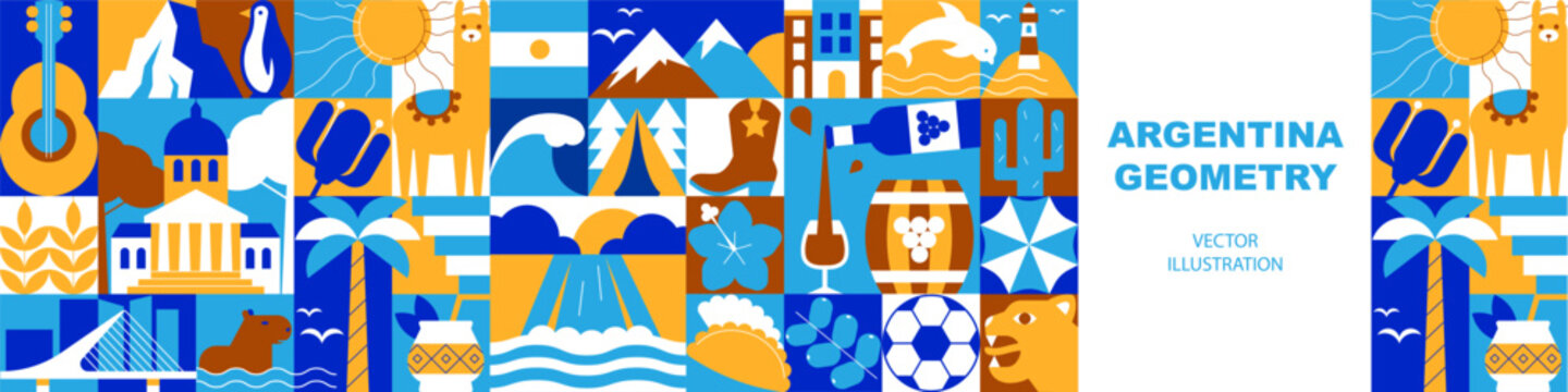 Argentina Geometric Seamless Pattern and Banner. Architecture and Tourism Mosaic Elements