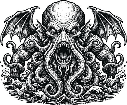 Cthulhu mythological sea monster vector illustration featuring an ancient squid creature with wings and tentacles rising from ocean waves.