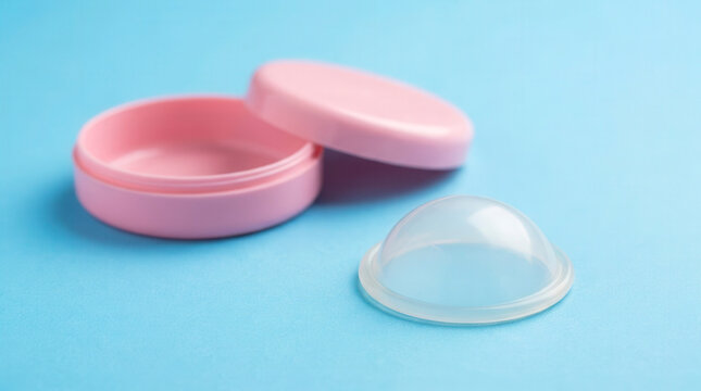 Diaphragm contraceptive device with open case on blue background, birth control and female reproductive healthcare