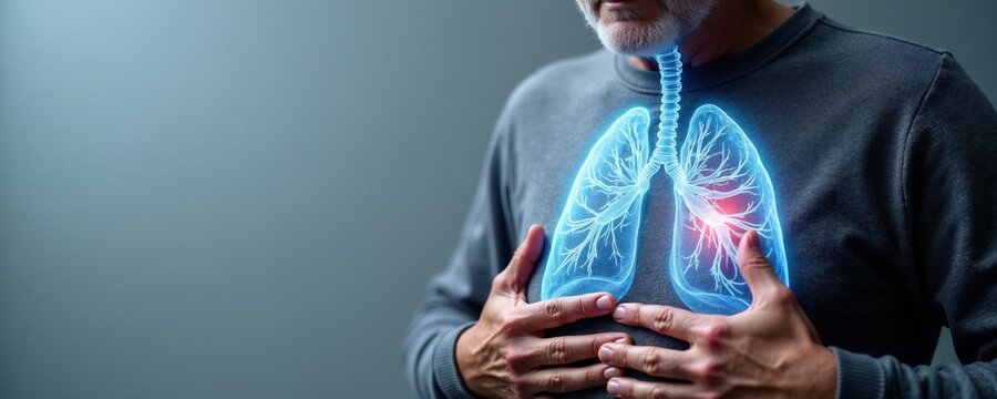 Senior man touches chest feeling pain, respiratory distress. Neon glowing hologram of human lungs shows inflammation pulmonary disease inside body. Adult male patient suffers from breathing