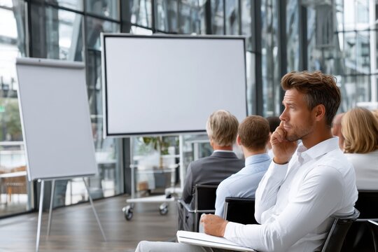 A group of professionals sits in a contemporary office, focused on a presentation.