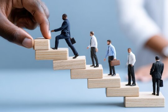 A hand moves a miniature businessman up wooden steps while other figures look on, representing growth.
