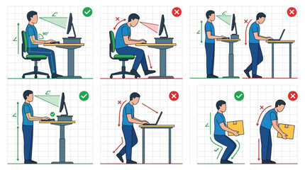Fototapeta premium Guide to proper ergonomic posture for sitting standing and lifting