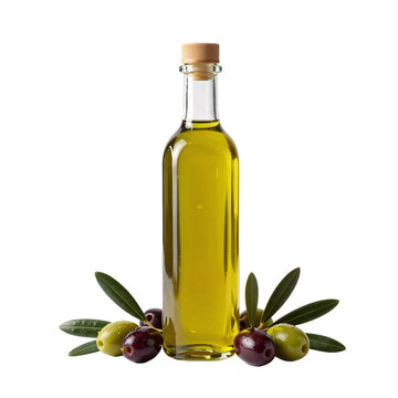 Elegant olive oil bottle with fresh olives and leaves on a bright white background