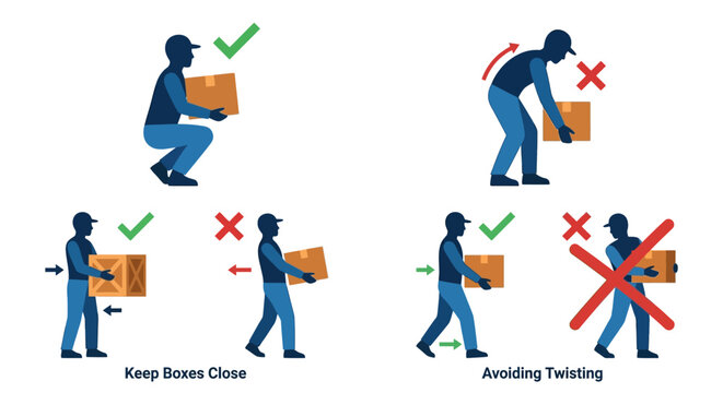 Proper manual handling techniques for lifting and carrying boxes infographic