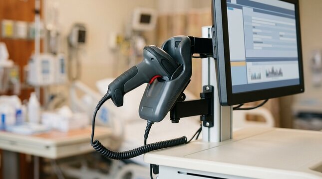Barcode Scanner Cradle Mounted beside a Bedside Computer Monitor - Medication Management Healthcare Concept, No People