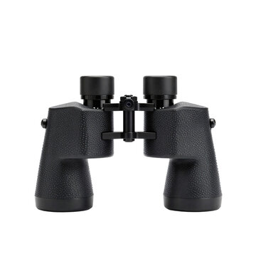 Close up of a black pair of binoculars for observing distant objects in nature