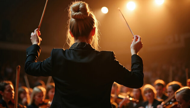 Female conductor leads classical symphony orchestra on concert stage. Professional musician wears black jacket, directs ensemble with baton during live evening performance. Rear view of talented