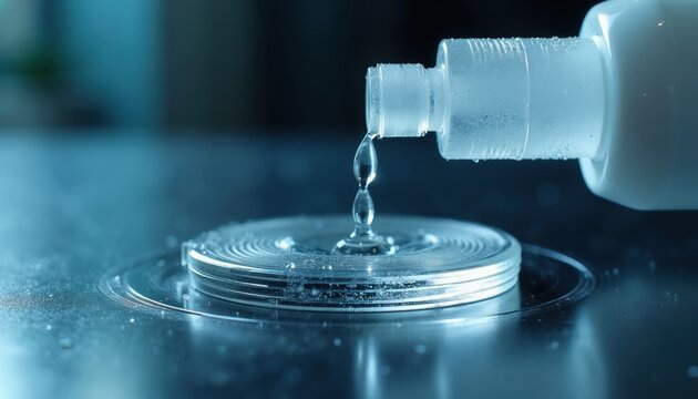 Liquid drops fall from plastic bottle onto circular lens surface. Blue toned closeup shows transparent gel application for optical coating research. Scientist performs precise experiment in