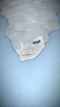 3D map of South Africa, Africa, featuring a national flag on a pole, extruded borders, and white typography over a blue ocean background for vertical mobile promos.
