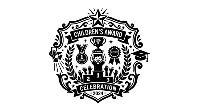Children's Award Celebration Logo with Trophies and Medals Featuring Trophy, Medal, Ribbon with Star and Badge Elements