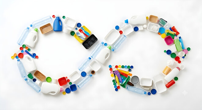 A conceptual arrangement of recyclable plastic items forming an infinity symbol, highlighting sustainability, recycling, and a circular economy.