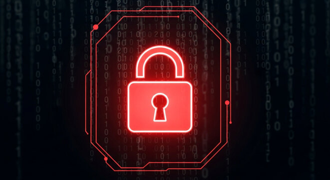 Glowing Red Security Padlock on Binary Code Background