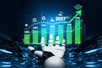 Obraz premium Futuristic Robot Hand Reaching for Graph with Sustainability Goals from 2023 to 2050, Highlighting Progress in Net Zero Emissions Sigmoid