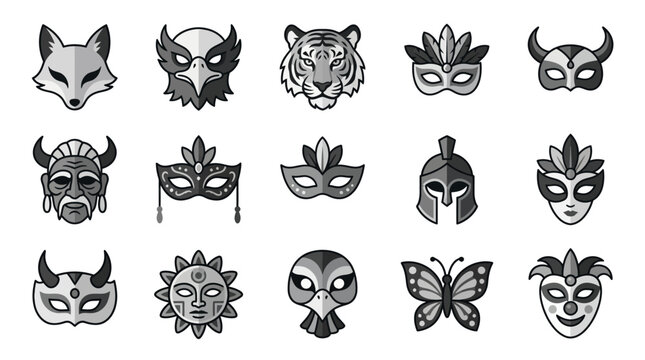 Assorted masks and animal head vector icons.