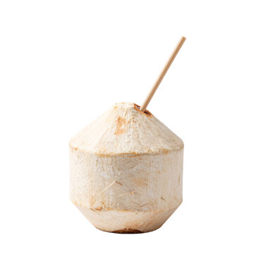Fresh young coconut drink with wooden straw isolated against white background in studio