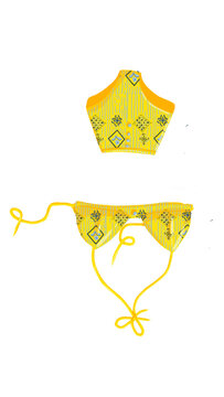 A two-piece bathing suit is shown with a yellow top and bottom. The design includes patterns in blue and black. This swimwear is ideal for beach days or pool parties.