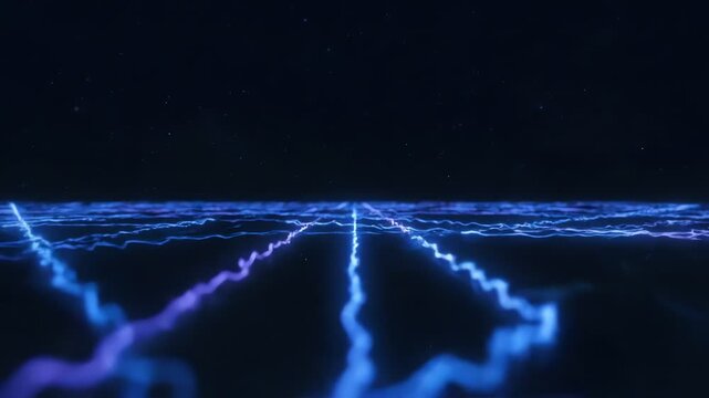 Abstract shimmering light trails in blues and purples on a dark, horizon-like plane