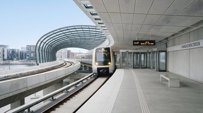 Modern commuter train departing from a sleek architectural railway station platform with commuter transport architecture platform infrastructure building transportation departure passenger