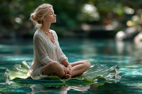 A young woman sits in meditation on a green leaf, enjoying peace by the calm water and lush surroundings.