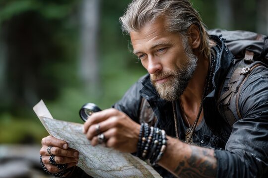 A man examines a map with a compass in a lush green forest, showcasing exploration and adventure.