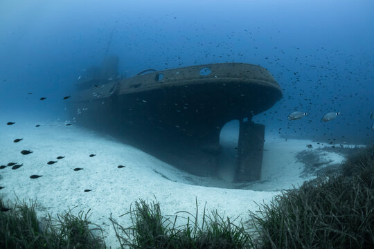 MV Rozi Shipwreck resting on sandy seabed in clear blue water in the Mediterranean sea in Malta.