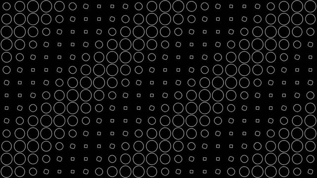 Abstract black and white geometric pattern with circles and squares.