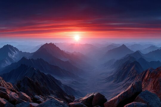 A breathtaking sunrise illuminates mountain ranges with vivid hues, creating a serene atmosphere.