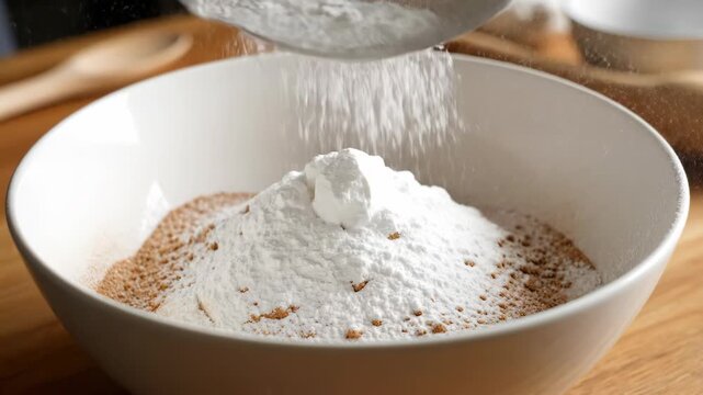 Sifting white flour into a bowl for festive baking.