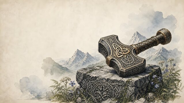 Mythological Norse Mjolnir Thor Hammer Engraving Luxury Minimalist Mountain Landscape Banner