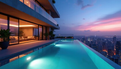 Fototapeta premium Infinity pool on skyscraper terrace at twilight with glowing blue water, modern penthouse apartment. Urban city skyline view with colorful sunset clouds. Luxury hotel architecture exterior. Open